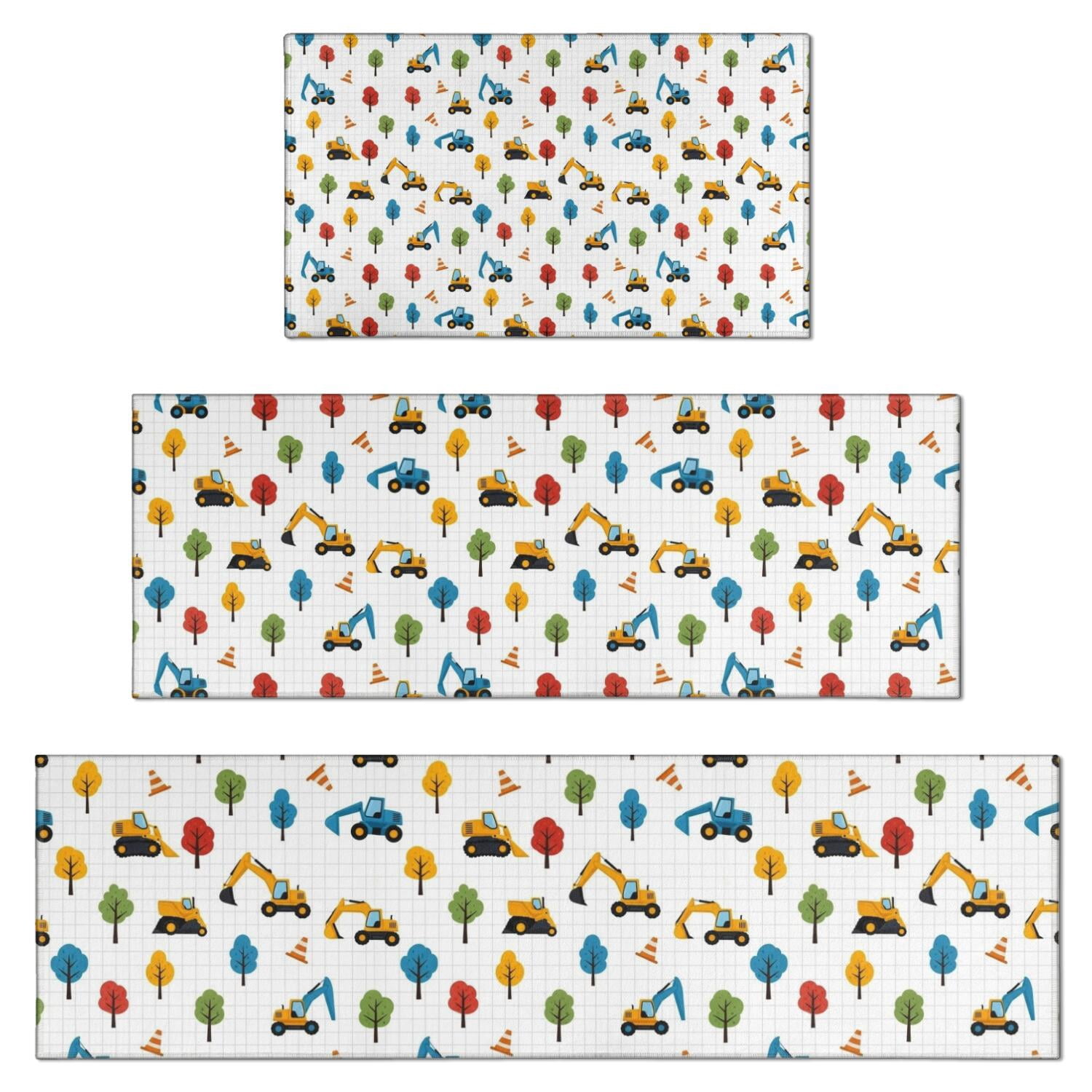 Cartoon Construction Vehicles Trees Kitchen Rugs Sets Of 3,Kitchen ...