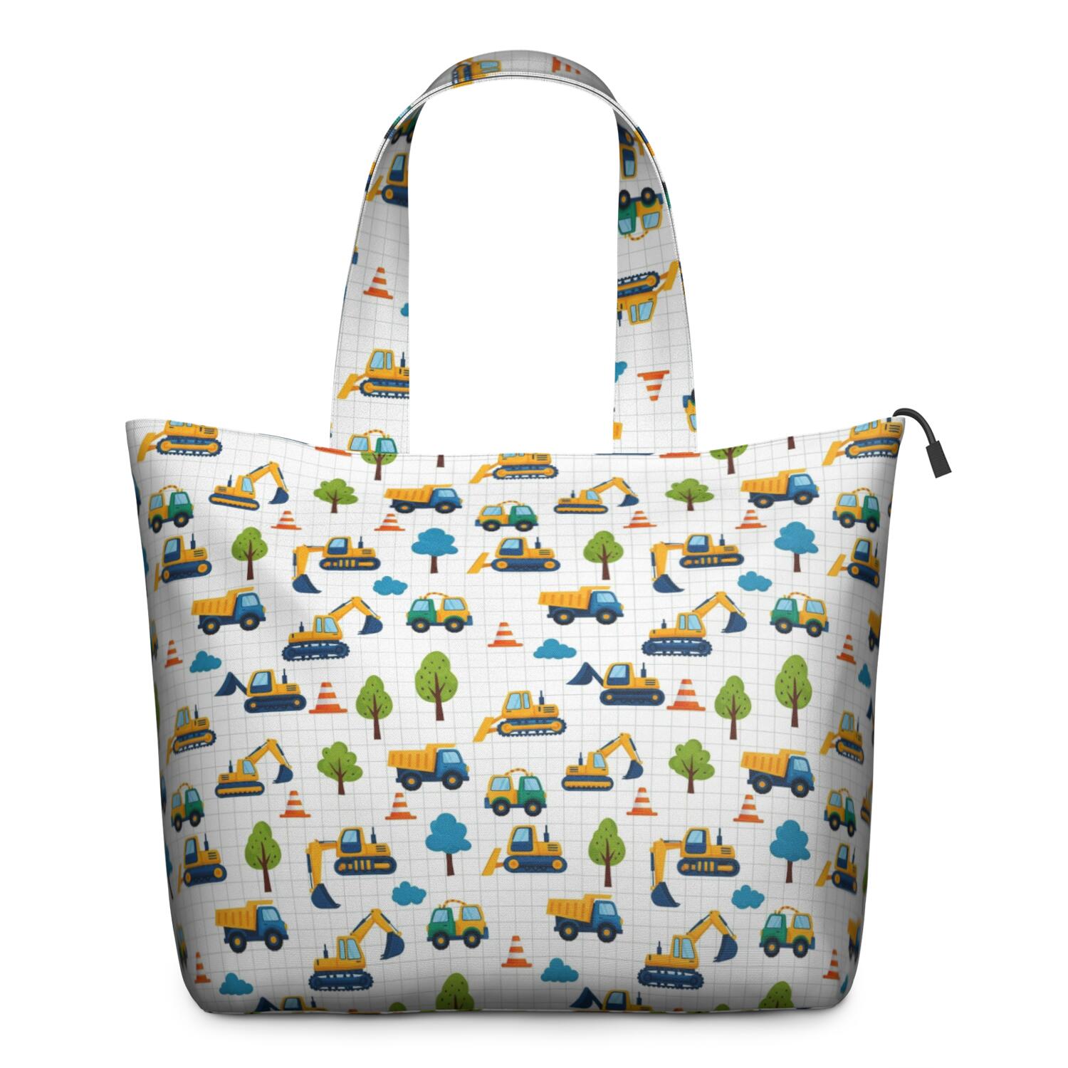 Cartoon Construction Vehicles Trees Travel Tote Bags for Women Carry On,Large Weekender Bags for Women Travel,Multi Functional Duffle Bag for Work,Shopping,Sports