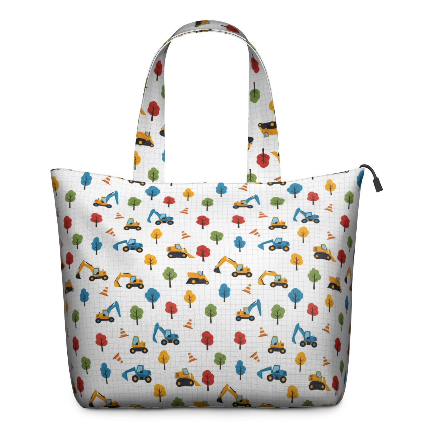Cartoon Construction Vehicles Trees Travel Tote Bags for Women Carry On,Large Weekender Bags for Women Travel,Multi Functional Duffle Bag for Work,Shopping,Sports