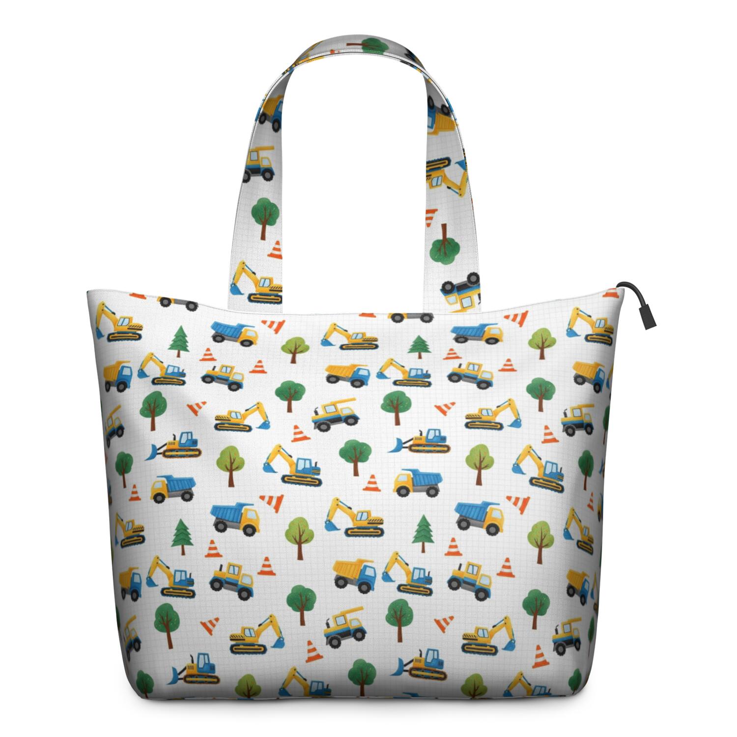 Cartoon Construction Vehicles Trees Travel Tote Bags for Women Carry On,Large Weekender Bags for Women Travel,Multi Functional Duffle Bag for Work,Shopping,Sports