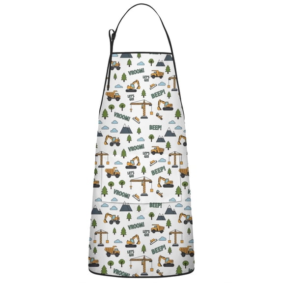Cartoon Construction Vehicles Trees White Apron-Garden Aprons for Women with Pockets-Cotton Linen Waterproof Kitchen Cooking Gardening Aprons Adjustable for Kitchen,Cooking,BBQ and Salon 33x27 Inch