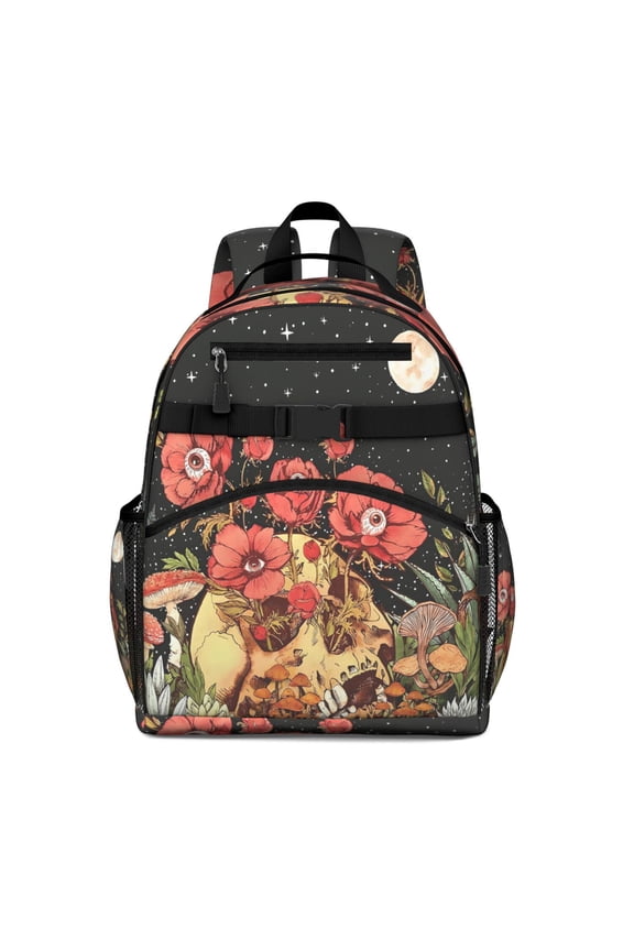 Black Gothic Skull Flower Pattern Backpack for School,Cute School Bag,Schoolbag with Adjustable Shoulder Straps & Padded Back,15.25"x11.5"x5.25"