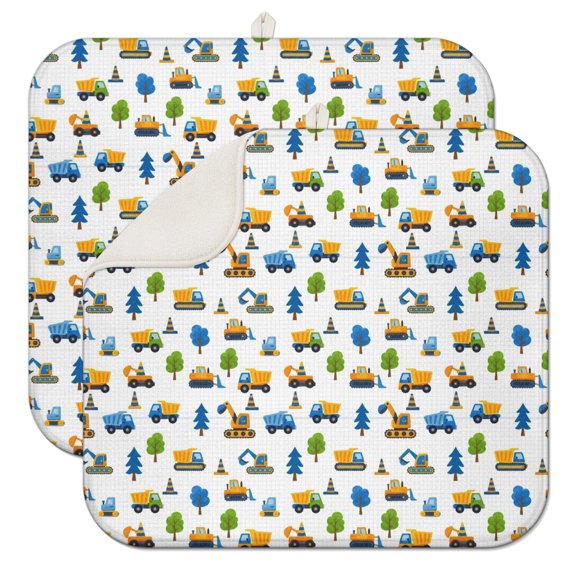 Cartoon Construction Vehicles Trees White Pattern Dish Drying Mat for Kitchen 1 Pack, Ultra Absorbent Microfiber Dishes Drainer Mats,16"x18"