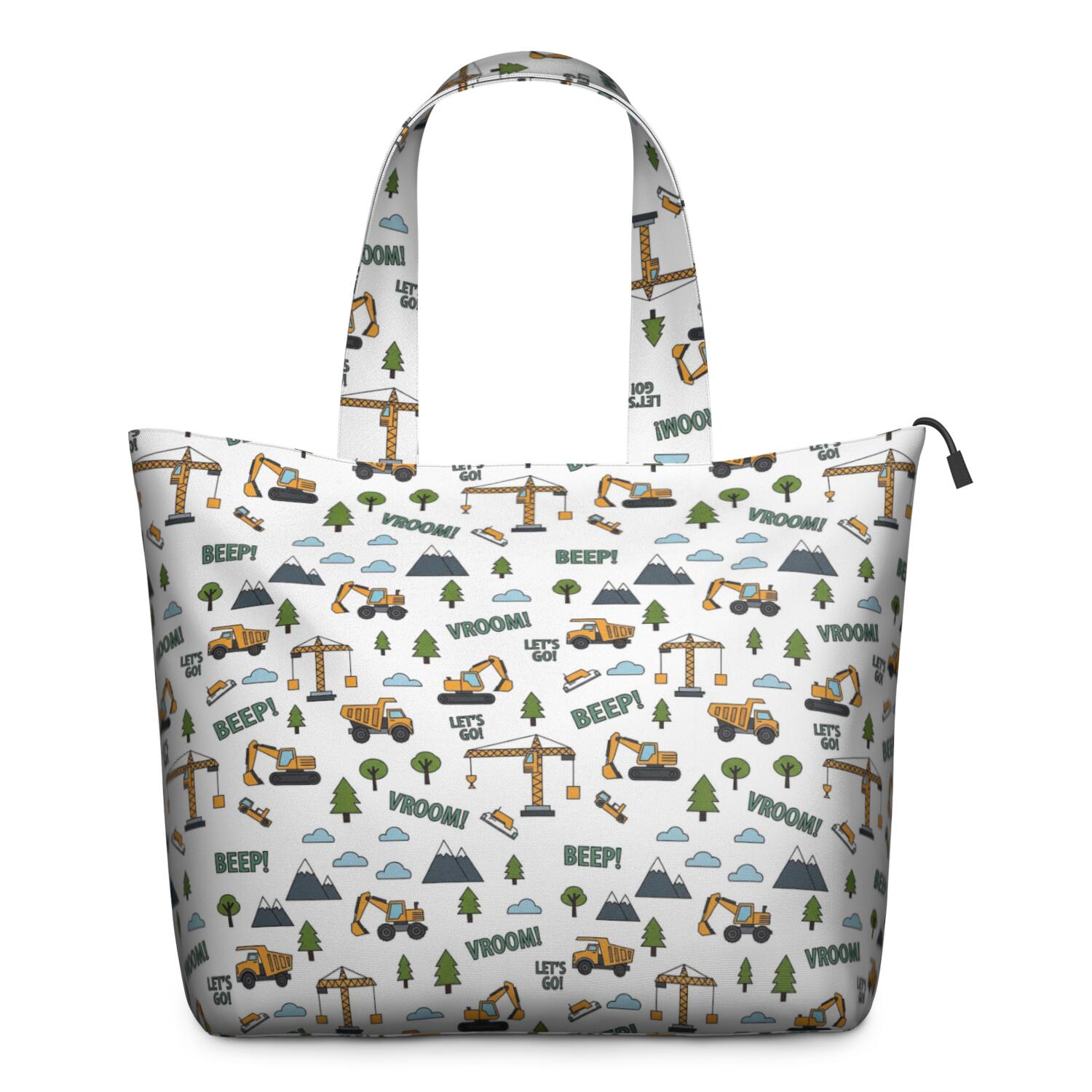 Cartoon Construction Vehicles Trees White Pattern Travel Tote Bags for Women Carry On,Large Weekender Bags for Women Travel,Multi Functional Duffle Bag for Work,Shopping,Sports