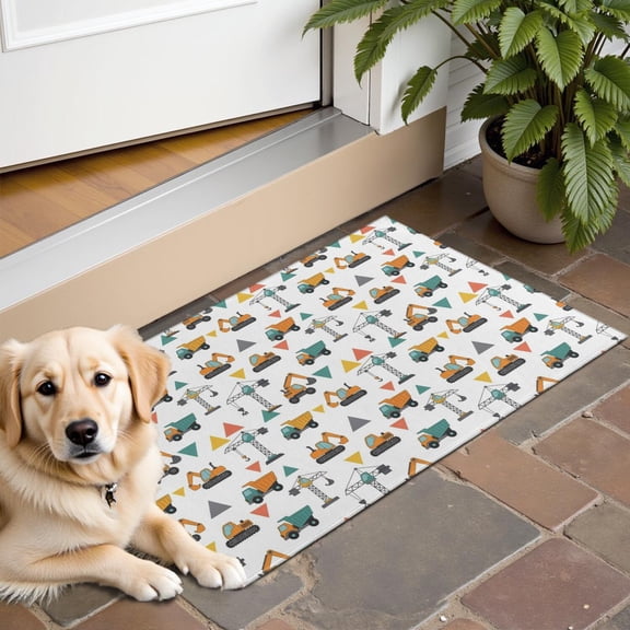 Cartoon Construction Vehicles Triangles White Pattern Door Rugs,Washable Non Slip Door Mats Indoor,Decorative Door Mats,Entry Mat Indoor for Entrance,Bedroom,Kitchen,Bathroom,16"x24"
