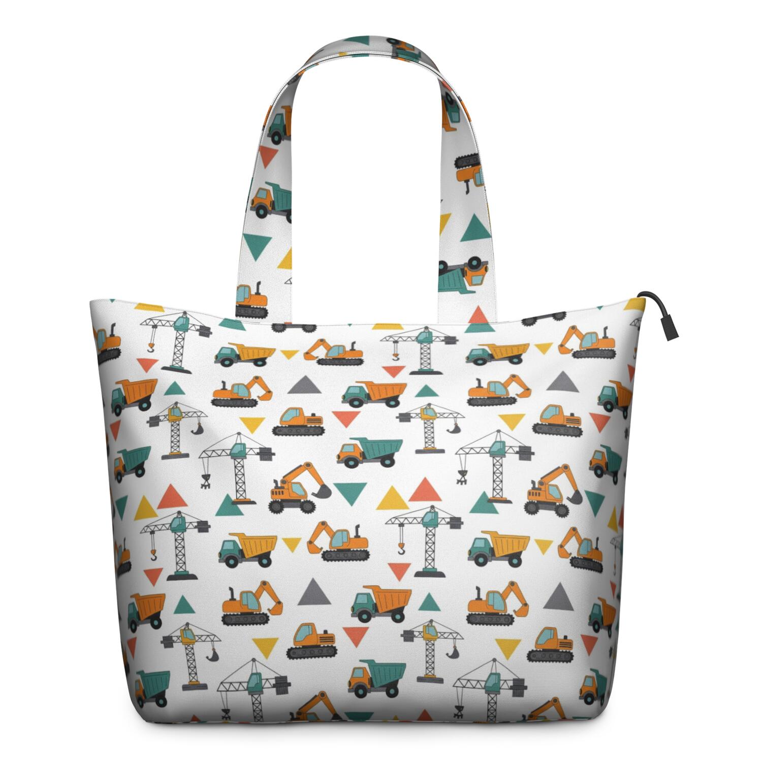 Cartoon Construction Vehicles Triangles White Pattern Travel Tote Bags for Women Carry On,Large Weekender Bags for Women Travel,Multi Functional Duffle Bag for Work,Shopping,Sports