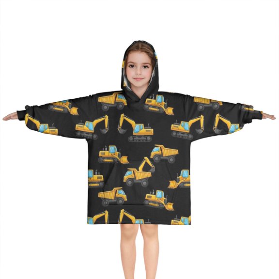 Cartoon Construction Vehicles Trucks Black Pattern Blanket Hoodies for Kids 6-13YR Oversize Wearable Blanket Hoodies for Boys Girls Teens