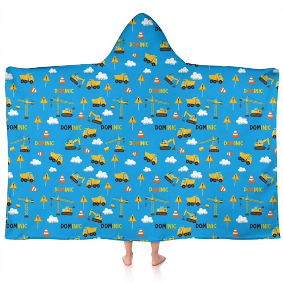 Cartoon Construction Vehicles Warning Signs Hooded Bath Towel,60"x35" for Ages 3 To 12 Kids, Quick Dry Lightweight Soft Microfiber Hood Beach Towel Cover Up for Kids