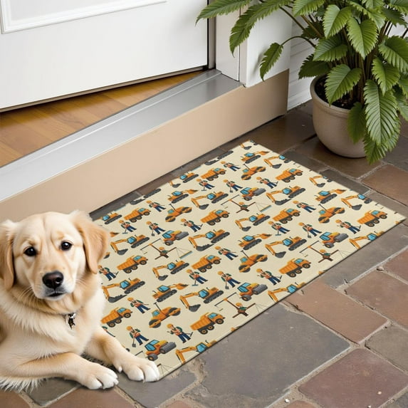 Cartoon Construction Vehicles Workers Beige Pattern Door Rugs,Washable Non Slip Door Mats Indoor,Decorative Door Mats,Entry Mat Indoor for Entrance,Bedroom,Kitchen,Bathroom,16"x24"