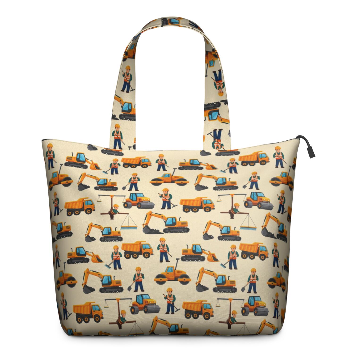Cartoon Construction Vehicles Workers Beige Pattern Travel Tote Bags for Women Carry On,Large Weekender Bags for Women Travel,Multi Functional Duffle Bag for Work,Shopping,Sports