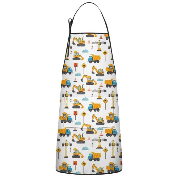 Cartoon Construction Vehicles Workers White Apron-Garden Aprons for Women with Pockets-Cotton Linen Waterproof Kitchen Cooking Gardening Aprons Adjustable for Kitchen,Cooking,BBQ and Salon 33x27 Inch
