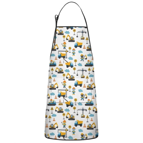 Cartoon Construction Vehicles Workers White Apron-Garden Aprons for Women with Pockets-Cotton Linen Waterproof Kitchen Cooking Gardening Aprons Adjustable for Kitchen,Cooking,BBQ and Salon 33x27 Inch