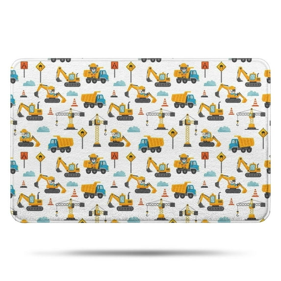 Cartoon Construction Vehicles Workers White Pattern Bathroom Rugs Mat,Non Slip Microfiber Bathroom Rug,Rubber Backing,Soft Bathroom Mats for Bathroom Floor,Tub and Shower,17x27in(43x68cm)