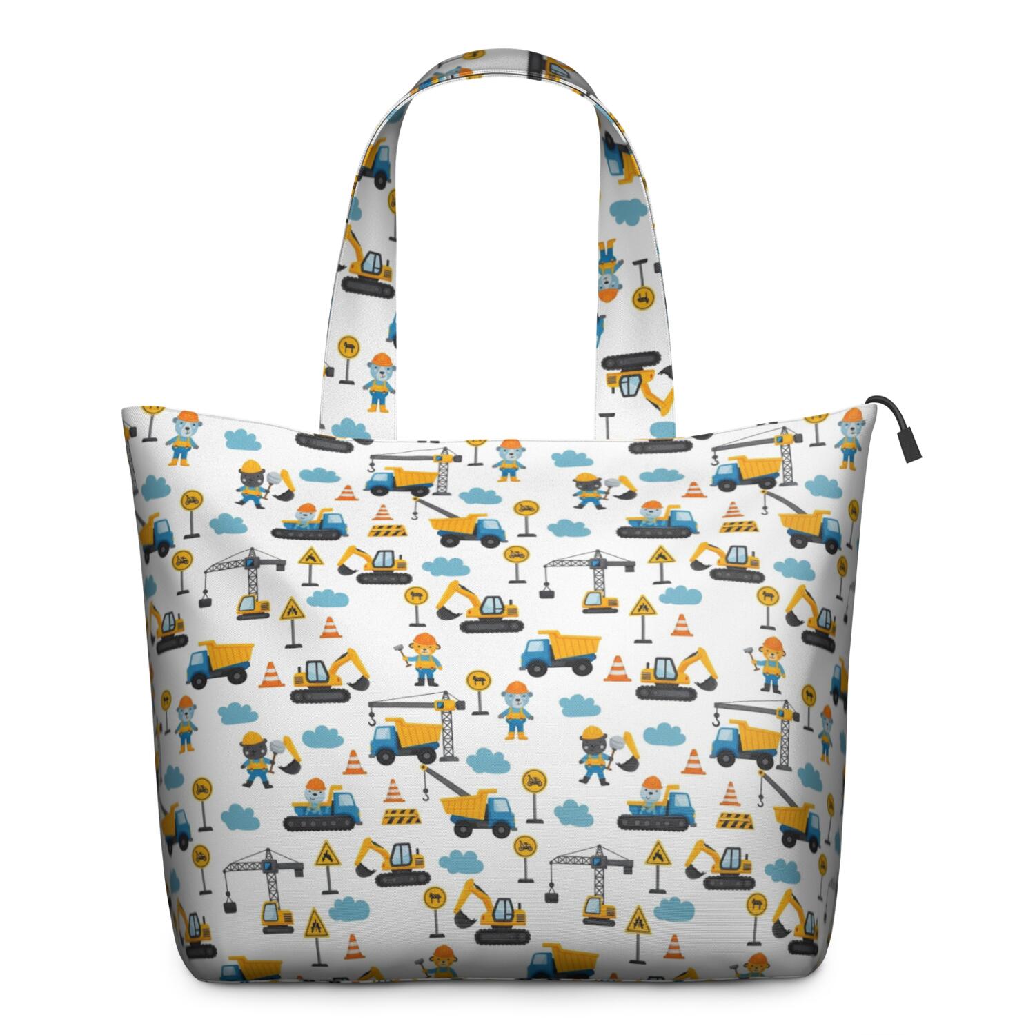 Cartoon Construction Vehicles Workers White Pattern Travel Tote Bags for Women Carry On,Large Weekender Bags for Women Travel,Multi Functional Duffle Bag for Work,Shopping,Sports