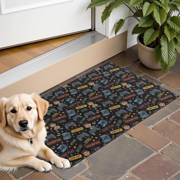 Cartoon Controllers Games Icons Black Pattern Door Rugs,Washable Non Slip Door Mats Indoor,Decorative Door Mats,Entry Mat Indoor for Entrance,Bedroom,Kitchen,Bathroom,16"x24"