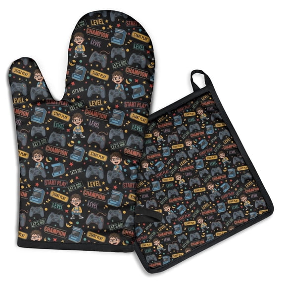 Cartoon Controllers Games Icons Black Pattern Kitchen Oven Mitt and Pot Holder Sets 2 Pcs for Baking, Cooking and Grilling, Heat Resistant Up To 392 °F