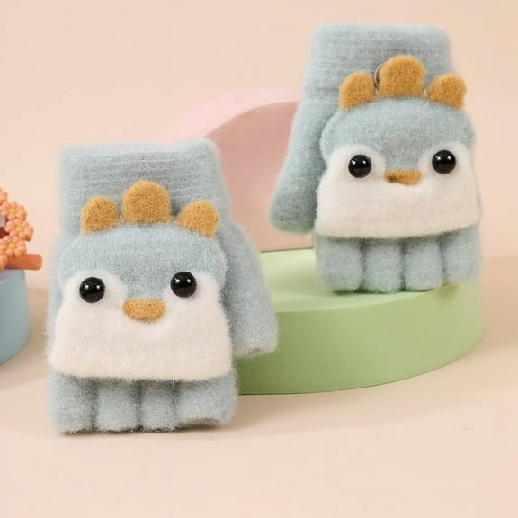 Cartoon Convertible Flip Top Gloves, Toddler Kids Winter Wool Knit Fingerless Gloves with Mitten Cover for Girls Boys 4-10 Yrs
