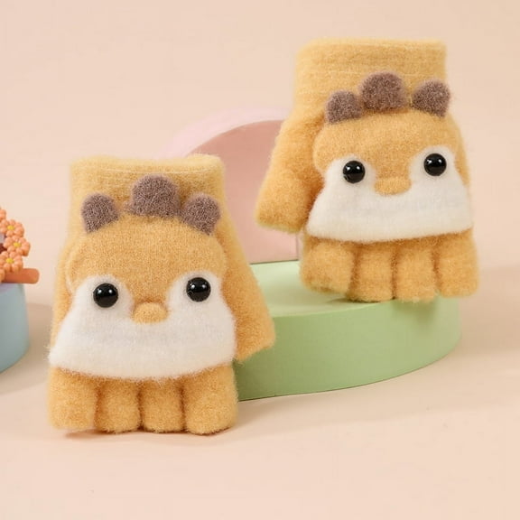 Cartoon Convertible Flip Top Gloves, Toddler Kids Winter Wool Knit Fingerless Gloves with Mitten Cover for Girls Boys 4-10 Yrs