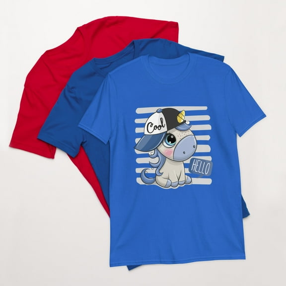 Cartoon Cool Unicorn Short-Sleeve Unisex T-Shirt Hello Text (Royal, S)