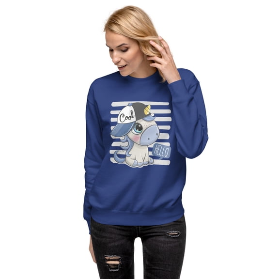 Cartoon Cool Unicorn Unisex Premium Sweatshirt Hello text (Team Royal, S)