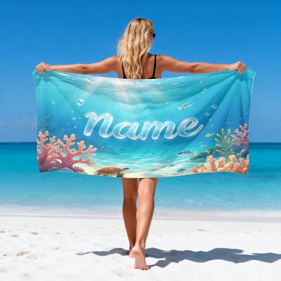 Cartoon Coral Turtle Under Sea Custom Name Beach Towel, Quick Dry Microfiber Bath Towel for Children Pool 29.5*59in