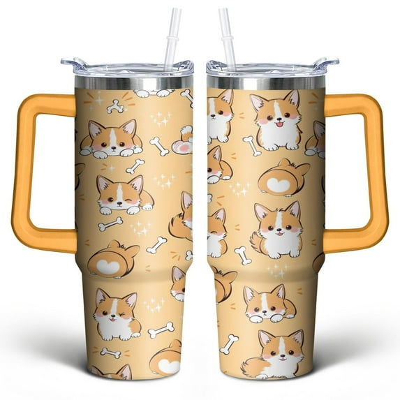 Cartoon Corgi 30 Oz Tumbler with Handle Lid and Straw, Stainless Steel Double Walled Vacuum Insulated Cup, Cute Anniversary Wedding Birthday Gifts Tumbler for Women Men Friends Outdoor Indoor