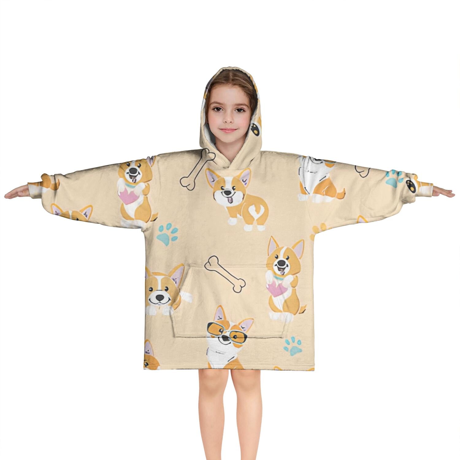 Cartoon Corgi Blanket Hoodies for Kids 6-13YR Oversize Wearable Blanket Hoodies for Boys Girls Teens