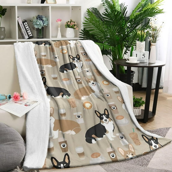 Cartoon Corgi and Coffee Blanket,Comfortable Soft Flannel Throw Blanket,All Season,Warm Lightweight Blankets for Sofa Bed Couch Living Room Chair,40"x50"(100x130cm)