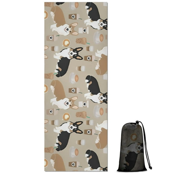 Cartoon Corgi and Coffee Hot Yoga Mat Towel Non Slip for Hot Yoga - Quick-Drying Yoga Mat Cover with 4 Corner Pockets with Travel Bag - Hot Yoga Towel Non Slip 74"x26"