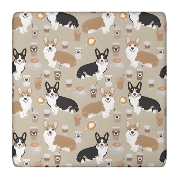 Cartoon Corgi and Coffee Square Fitted Tablecloth with Elastic Edge,Square Table Cover,Washable Elastic Table Cover for Home Kitchen Party Decor 36"x36"