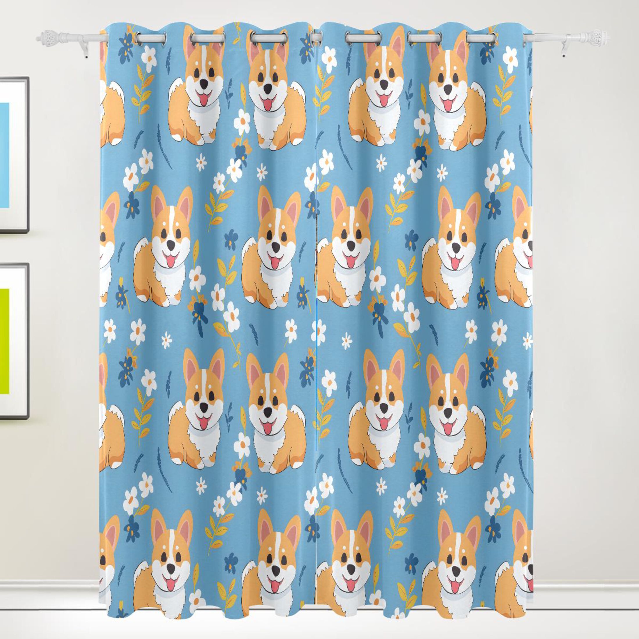 Curated visual reference: Visual Reference: Cartoon Corgi Dog And Flower Blackout Curtains 2 Panels Set
