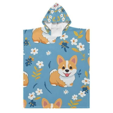 Cartoon Corgi Dog and Flower Kid Hooded Beach Towel 27.5x27.5 inch Bath Poncho Towels Soft Absorbent Quick Dry for Boy Girl