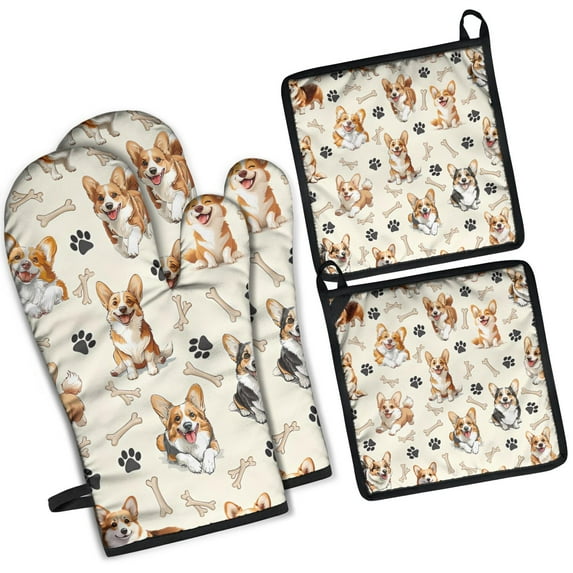 Cartoon Corgi Dog and Footprints Kitchen Oven Mitt and Pot Holder Sets 4 Pcs for Baking, Cooking and Grilling, Heat Resistant Up To 392 °F