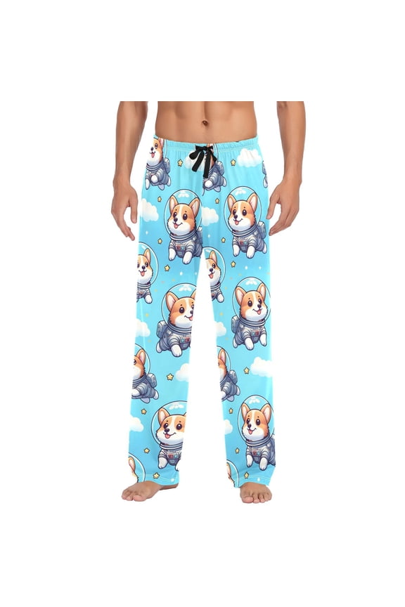 Cartoon Corgi Dogs Space Men's Pajama Pants Cotton Long Sleepwear Lounge Pants S