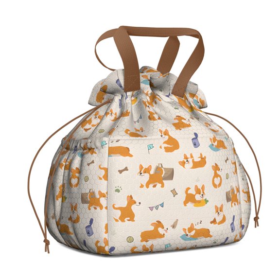 Cartoon Corgi Drawstring Lunch Bag Women - Drawstring Lunch Bag Insulated for Work Office - Stain-Resistant Large Lunchbags for Women with Multi-Pockets