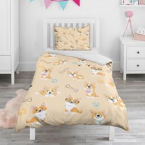 Cartoon Corgi Duvet Cover and Pillowcase Set for Single Bedding, Bedroom Accessories for Kids Teens