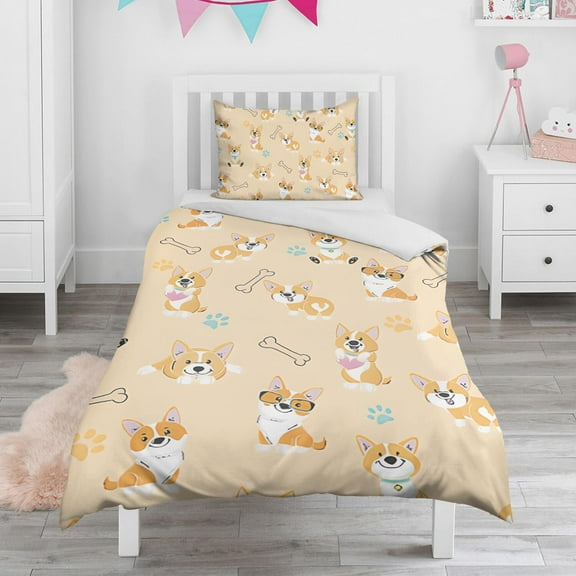 Cartoon Corgi Duvet Cover and Pillowcase Set for Single Bedding, Bedroom Accessories for Kids Teens