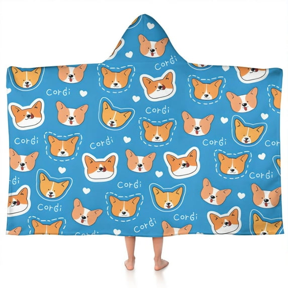 Cartoon Corgi Hooded Bath Towel,50"x30" for Ages 3 To 12 Kids, Quick Dry Lightweight Soft Microfiber Hood Beach Towel Cover Up for Kids