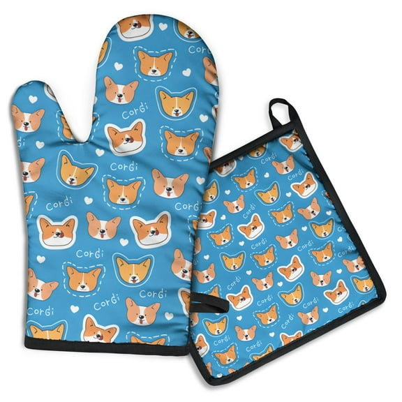 Cartoon Corgi Kitchen Oven Mitt and Pot Holder Sets 2 Pcs for Baking, Cooking and Grilling, Heat Resistant Up To 392 °F