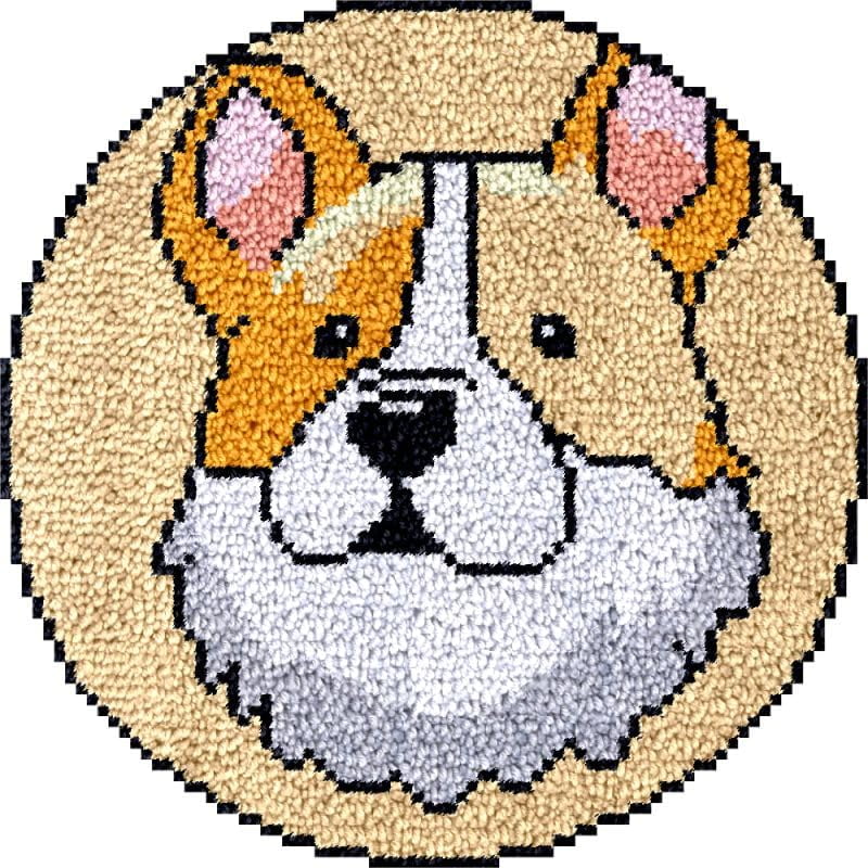 Cartoon Corgi Latch Hook Round Rug Kits Set for Starter Crochet Hook Cushion Floor Mat Sofa Seat Cushion Crocheting Kits with Preprinted Canvas Crochet Yarn Rug Kits 50X50cm (y45)