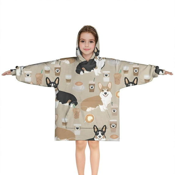 Cartoon Corgi and Coffee Blanket Hoodies for Kids 6-13YR Oversize Wearable Blanket Hoodies for Boys Girls Teens