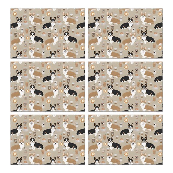 Cartoon Corgi and Coffee Summer Placemats Table Placemats Set Of 6-Linen Kitchen Washable Placemats Table Mats 11.8"x17.7"Non-Slip Heat Resistant