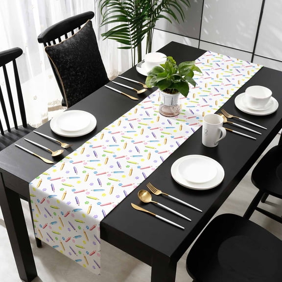 Cartoon Cotton Linen Table Runner 13 x 72 inch Cute Colorful Pencil Paw Funny Print Non-slip Rectangular Dining Table Decor for Wedding Party Holiday Dinner