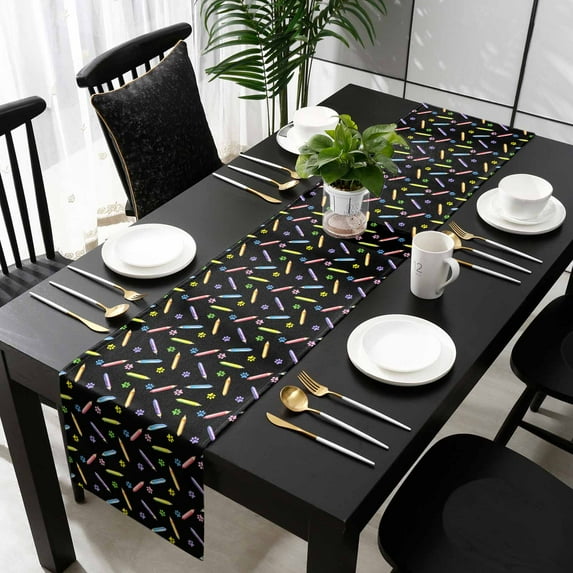 Cartoon Cotton Linen Table Runner 13 x 90 inch Cute Colorful Pencil Paw Print Funny Black Non-slip Rectangular Dining Table Decor for Wedding Party Holiday Dinner