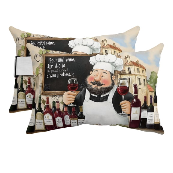 Cartoon Country Chef Red Wine Outdoor Pillow for Chaise Lounge Chair,Farmhouse Cooking Theme Waterproof Headrest Lumbar Pillows with Insert&Elastic Strap for Patio Pool Garden Chairs Decor,2 Pack