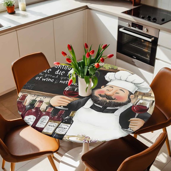 Cartoon Country Chef Red Wine Round Fitted Tablecloth with Elastic Edge,Waterproof Table Cloth Fits 36"-44" Tables,Wipeable Table Cover for Indoor Outdoor Dinning Party,Farmhouse Cooking Theme