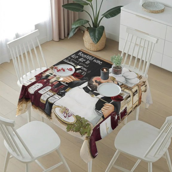 Cartoon Country Chef Red Wine Table Cloth 54x54in, Waterproof Square Tablecloth Wipeable Tablecloths Farmhouse Cooking Theme Table Covers for Dining Tables Party Indoor Outdoor
