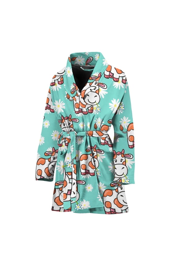 Cartoon Cow And Daisy Flower Women Bathrobe One Size Univeral Fits, Cow Cattle Fashion Lightweight Plush Fleece Long Robe For Women