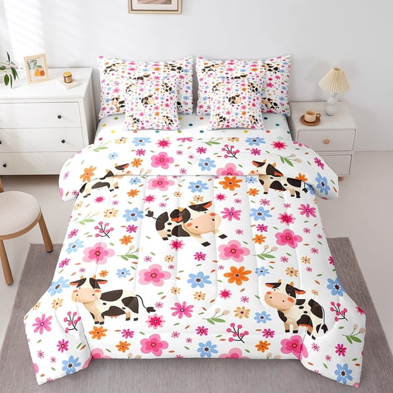 Cartoon Cow Bedding Comforter Sets 7pcs Chic Floral King Bedding Sets, Kawaii Animal Bed in a Bag Pink Flower Comforter Set, Colorful Polka Dots Reversible Bed Set
