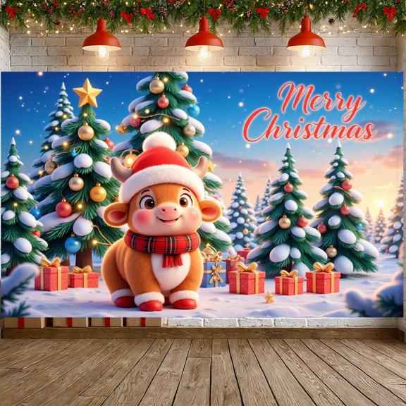 Cartoon Cow Christmas Banner Santa Hat Xmas Display Colorful Ornaments Gift Boxes Merry Christmas Backdrop for Christmas Party Holiday Decoration Family Event